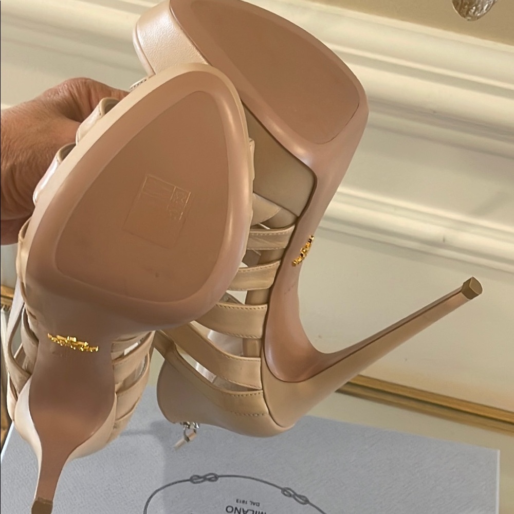 Prada Women's Tan Cage Strappy Stilleto Heels - Picture 6 of 13